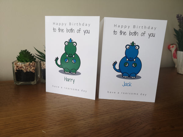 Personalised Twin Birthday Card Set - 2 Cards - Dinosaur