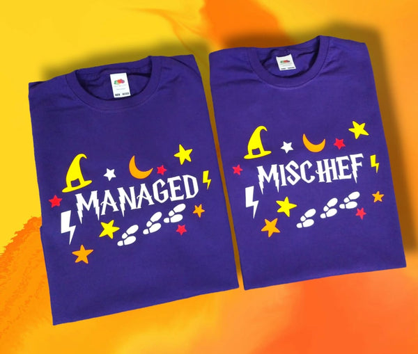 Halloween outfit for twins, twins halloween costume, twin clothing, clothes for twins, unisex clothing for twins, halloween and twins, Harry potter style t-shirt, Managed and Mischief