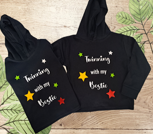 Twin clothing for sale. Clearance item on lightweight black hoodies, Twinning with my Bestie. Clothes for Twins. Twin boy clothing. Twin girl clothing. Twinning is Winning. Twin hoodies. Hoodies for Twins.
