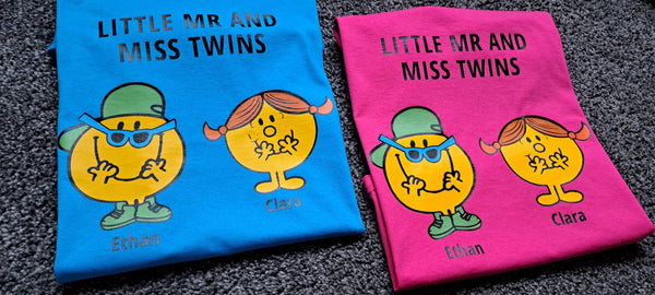 Twin clothing, twin clothing for girls and boys, twin girl and boy twinning, matching clothes for twins, twins, world book day tops, little mr and miss twins, matching tops, twin matching tops