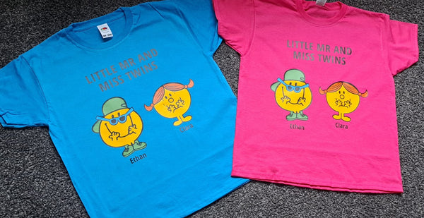 Twin clothing, twin clothing for girls and boys, twin girl and boy twinning, matching clothes for twins, twins, world book day tops, little mr and miss twins, matching tops, twin matching tops