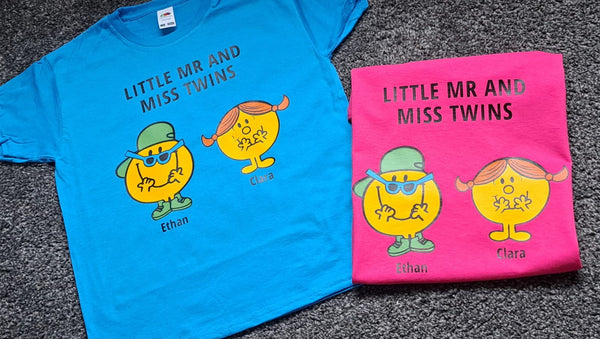 Twin clothing, twin clothing for girls and boys, twin girl and boy twinning, matching clothes for twins, twins, world book day tops, little mr and miss twins, matching tops, twin matching tops