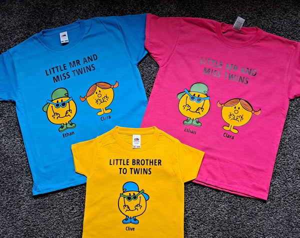 Twin clothing, twin clothing for girls and boys, twin girl and boy twinning, matching clothes for twins, twins, world book day tops, little mr and miss twins, matching tops, twin matching tops