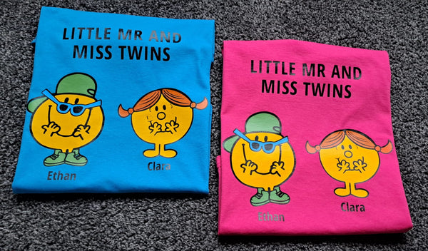 Twin clothing, twin clothing for girls and boys, twin girl and boy twinning, matching clothes for twins, twins, world book day tops, little mr and miss twins, matching tops, twin matching tops