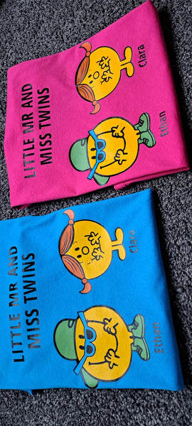 Twin clothing, twin clothing for girls and boys, twin girl and boy twinning, matching clothes for twins, twins, world book day tops, little mr and miss twins, matching tops, twin matching tops