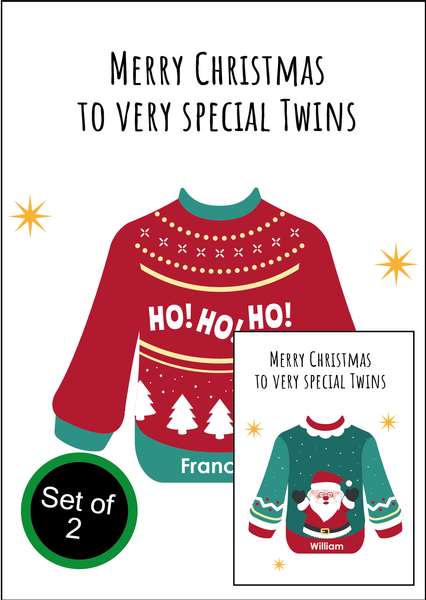 Personalised Twin Christmas Card Set - 2 Cards - Christmas Jumper