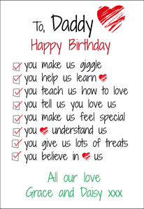 Personalised Twin Dad Birthday Card - List