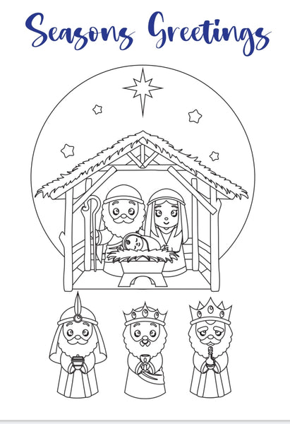 Colour your own Christmas Card, Festive, Christmas 2021, Get Creative, Colouring, Fun, Black & White, Nativity Scene, Stable and 3 Kings