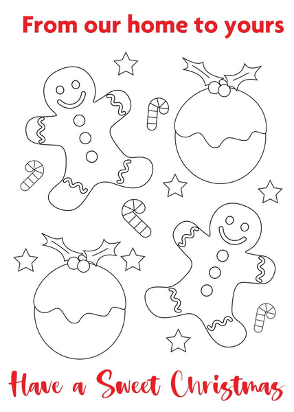 Colour your own Christmas Card, Festive, Christmas 2021, Get Creative, Colouring, Fun, Black & White, Baking, Christmas Baking, Gingerbread & Christmas Pudding