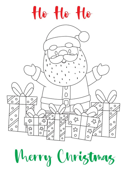 Colour your own Christmas Card, Festive, Christmas 2021, Get Creative, Colouring, Fun, Black & White, Santa, Father Christmas, Presents