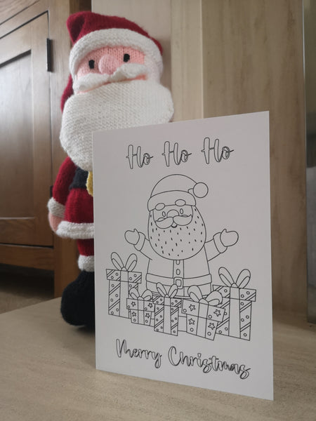 Colour your own Christmas Card, Festive, Christmas 2021, Get Creative, Colouring, Fun, Black & White, Santa, Father Christmas, Presents