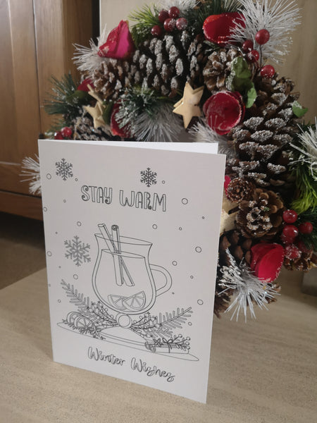 Colour your own Christmas Card, Festive, Christmas 2021, Get Creative, Colouring, Fun, Black & White, Mulled Wine, Stay Warm