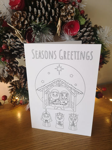 Colour your own Christmas Card, Festive, Christmas 2021, Get Creative, Colouring, Fun, Black & White, Nativity Scene, Stable and 3 Kings