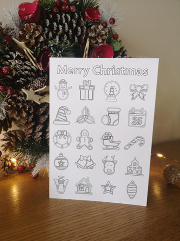 Colour your own Christmas Card, Festive, Christmas 2021, Get Creative, Colouring, Fun, Black & White, Mixture, Collage of Christmas