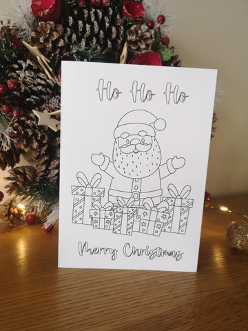 Colour your own Christmas Card, Festive, Christmas 2021, Get Creative, Colouring, Fun, Black & White, Santa, Father Christmas, Presents