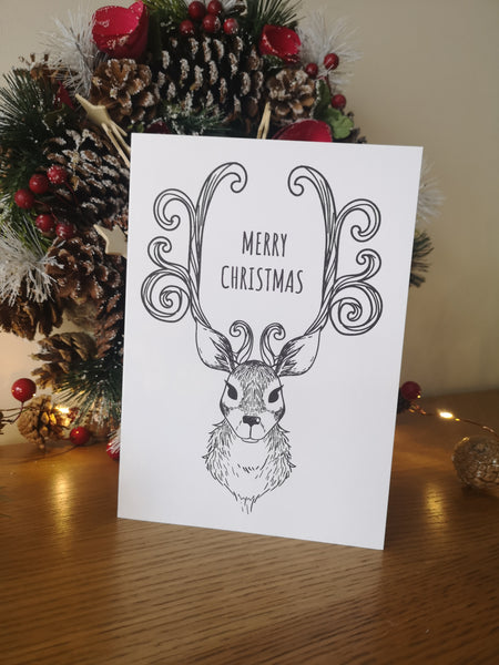 Colour your own Christmas Card, Festive, Christmas 2021, Get Creative, Colouring, Fun, Black & White, Reindeer