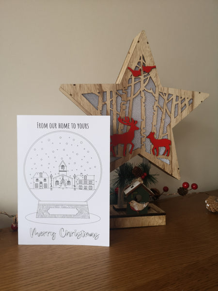 Colour your own Christmas Card, Festive, Christmas 2021, Get Creative, Colouring, Fun, Black & White, Snowglobe