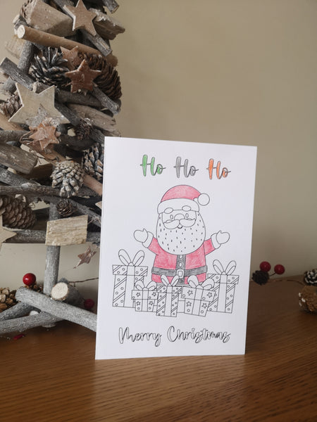 Colour your own Christmas Card, Festive, Christmas 2021, Get Creative, Colouring, Fun, Black & White, Santa, Father Christmas, Presents