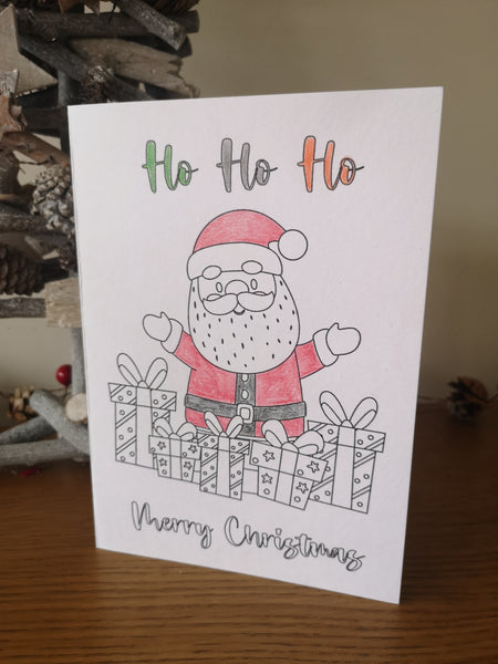 Colour your own Christmas Card, Festive, Christmas 2021, Get Creative, Colouring, Fun, Black & White, Santa, Father Christmas, Presents