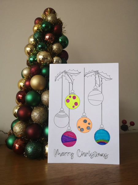 Colour your own Christmas Card, Festive, Christmas 2021, Get Creative, Colouring, Fun, Black & White, Baubles,