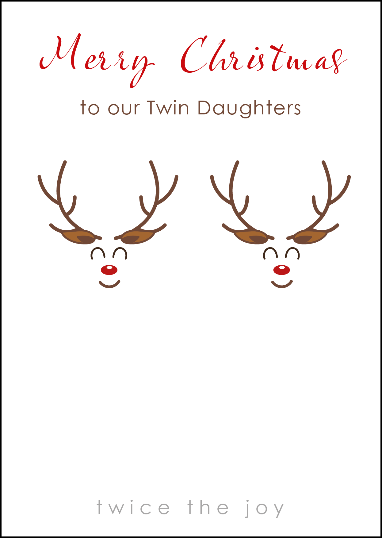 Reindeer Design Twin Daughters Christmas Card