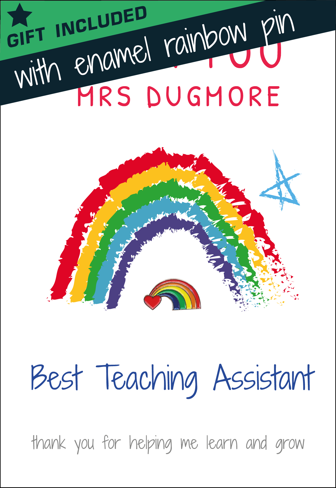 Personalised Thank You Card & Rainbow Badge - Best Teaching Assistant