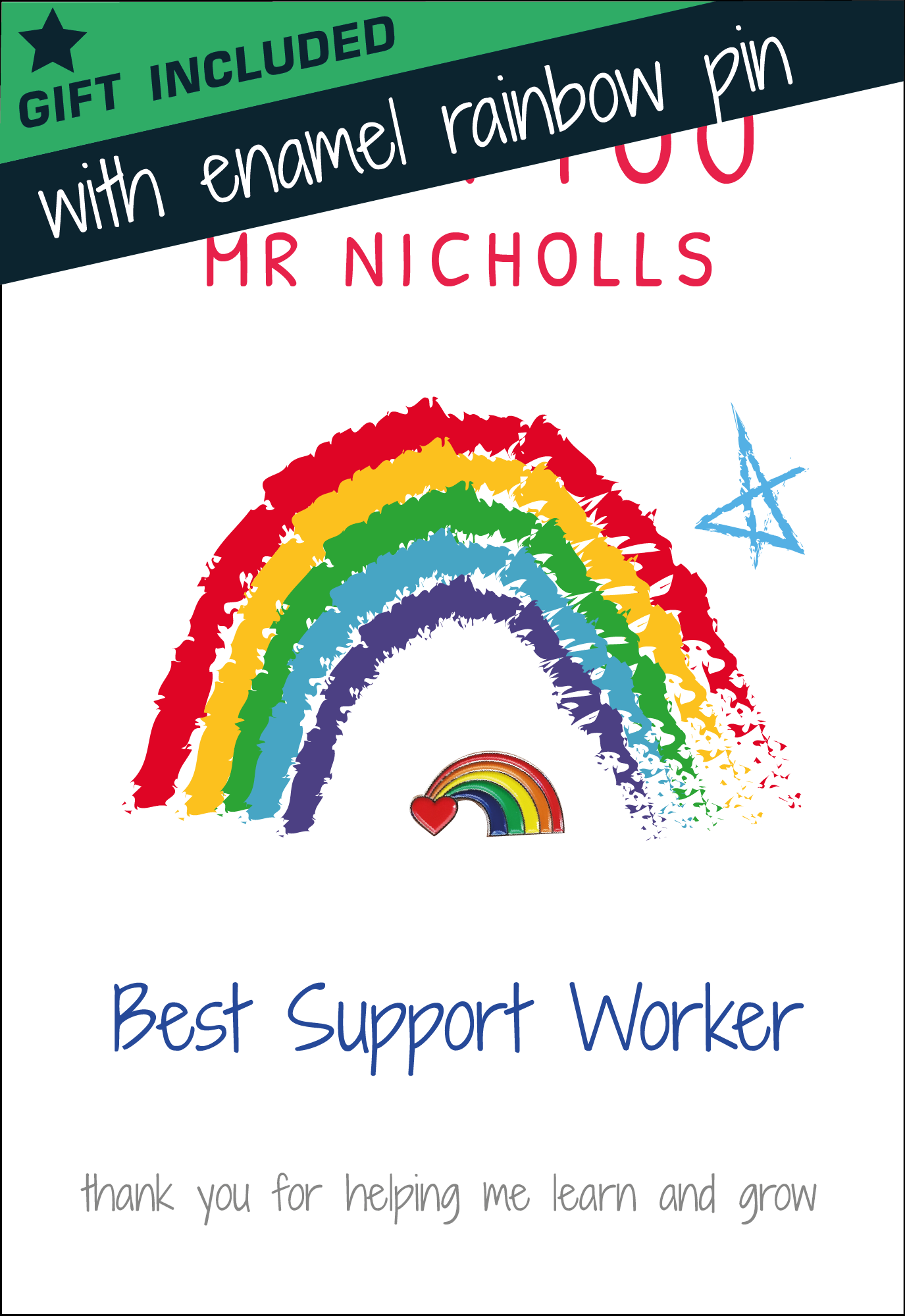 Personalised Thank You Card & Rainbow Badge - Best Support Worker